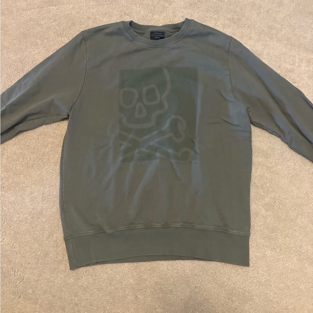 Scalpers Men's Olive Skull Graphic Crewneck Sweater